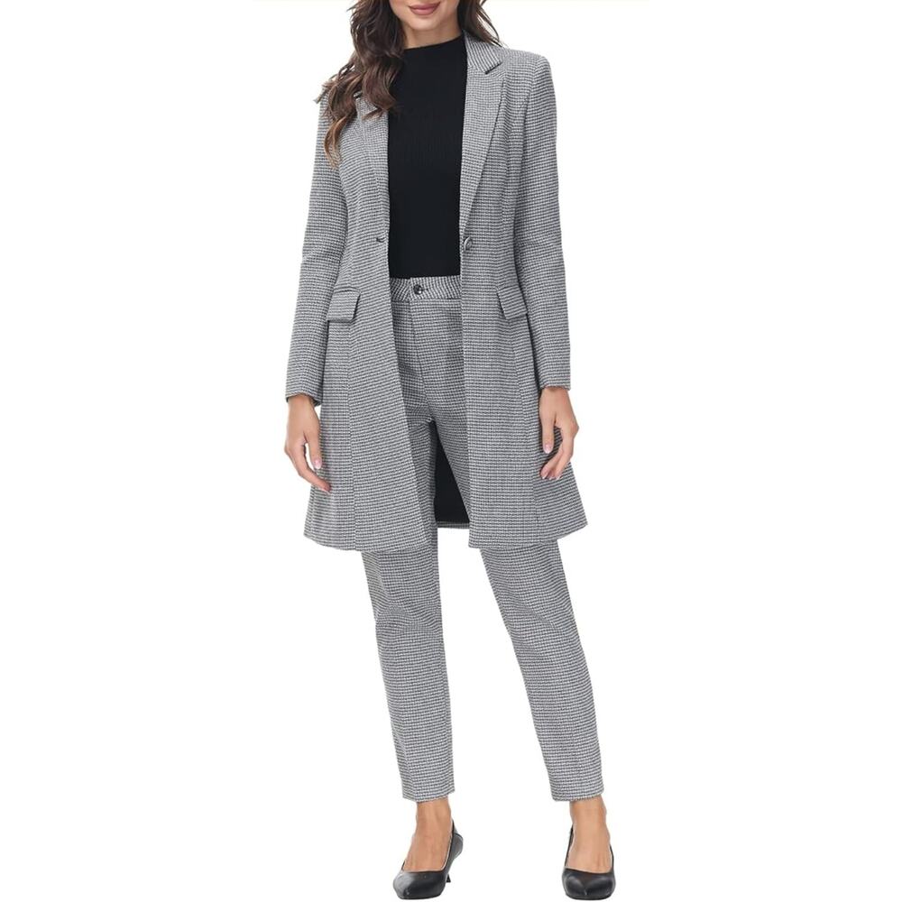 4445)Modful Women 2 Pcs small Plaid Long Blazer with Pant Set Business Office XL